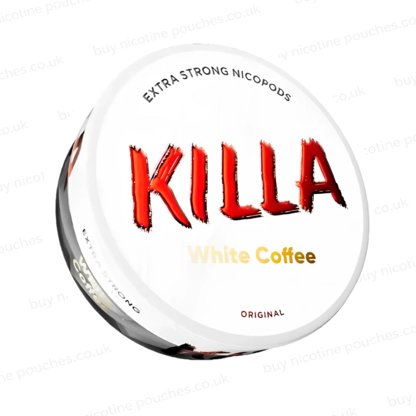 Angled shot of a nicotine pouch container with KILLA White Coffee branding on a white background.