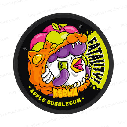 Black nicotine pouch container with K#rwa Apple Bubblegum cartoon branding on a white background.