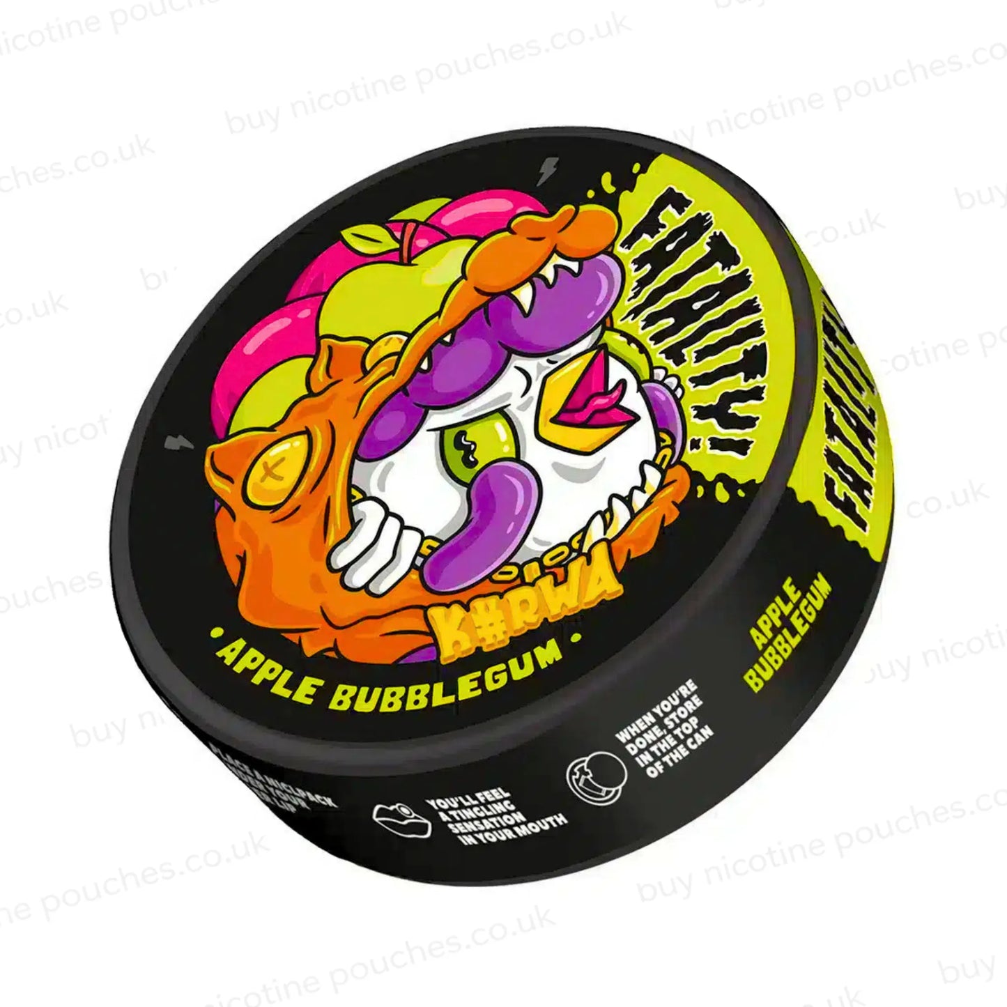 Angled shot of a black nicotine pouch container with K#rwa Apple Bubblegum cartoon branding on a white background.