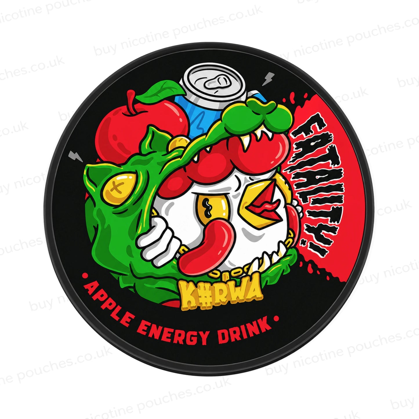 Black nicotine pouch container with cartoony Kurwa Apple Energy Drink branding on a white background.