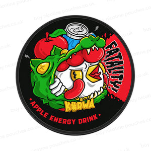 Black nicotine pouch container with cartoony Kurwa Apple Energy Drink branding on a white background.