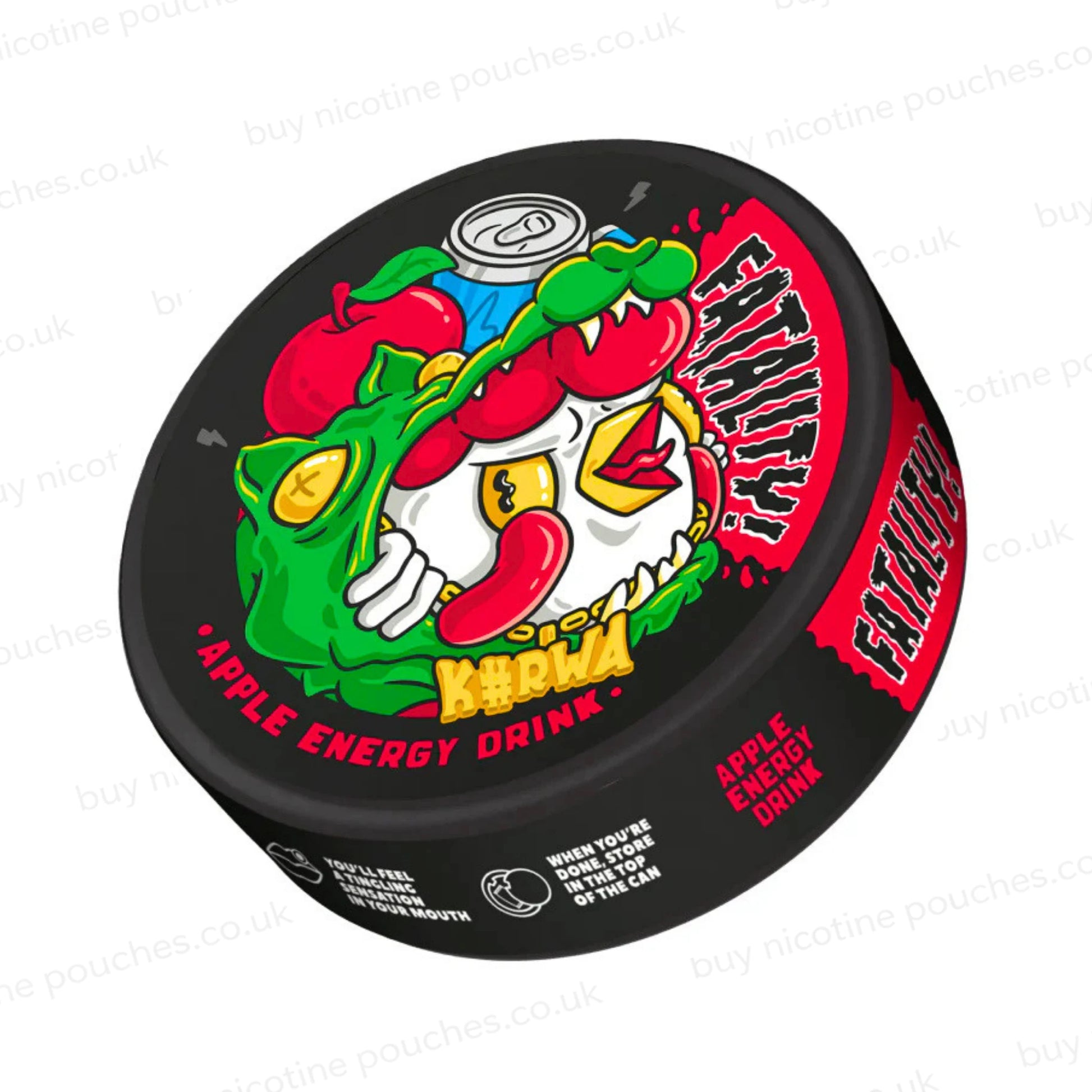 Angled shot of a black nicotine pouch container with cartoony Kurwa Apple Energy Drink branding on a white background.