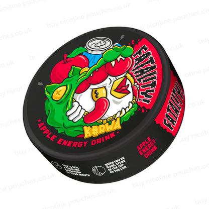 Angled shot of a black nicotine pouch container with cartoony Kurwa Apple Energy Drink branding on a white background.