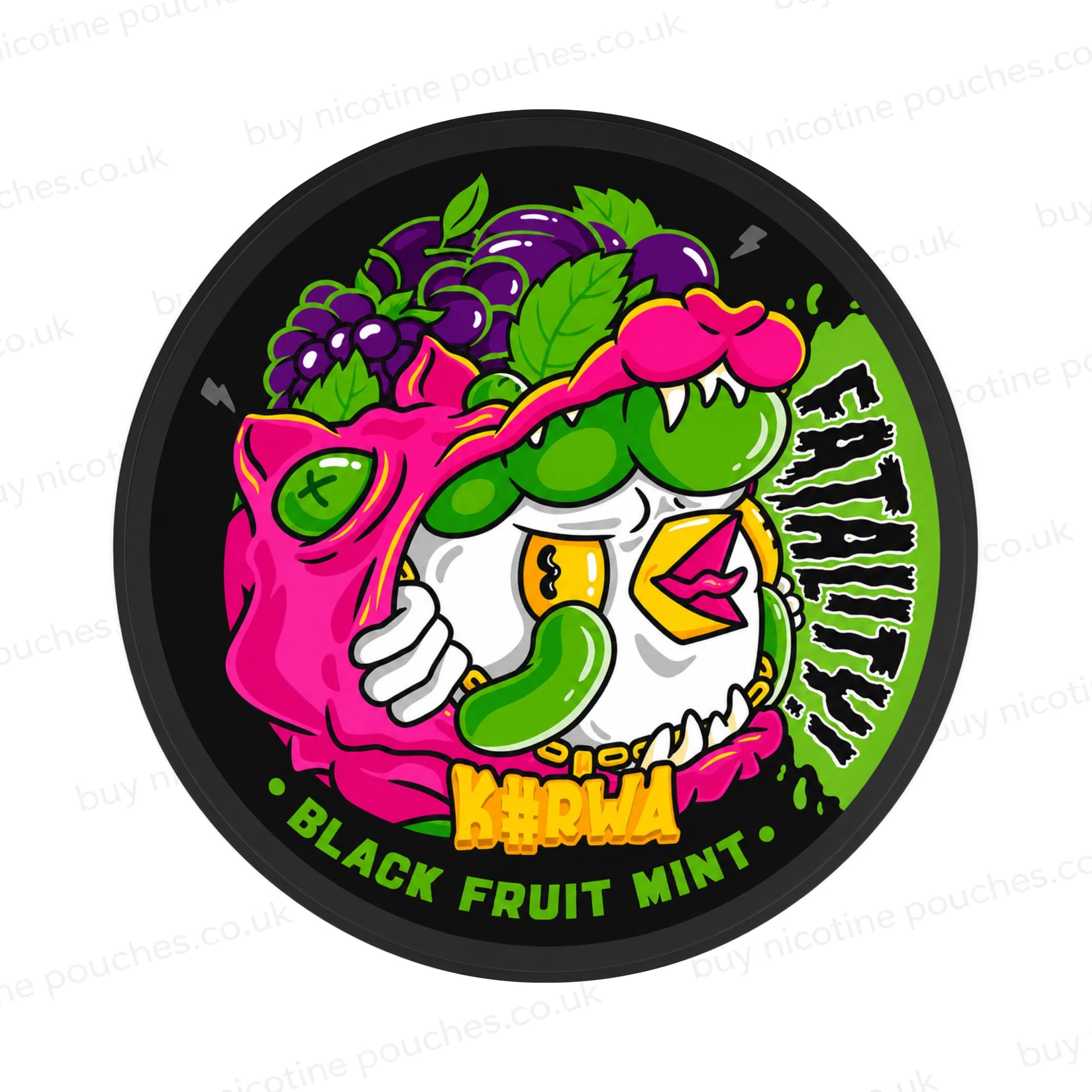 Black nicotine pouch container with Kurwa Black Fruit Mint cartoon branding on a white background,