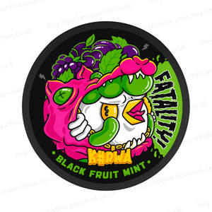 Black nicotine pouch container with Kurwa Black Fruit Mint cartoon branding on a white background,