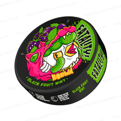 Angled shot of a black nicotine pouch container with Kurwa Black Fruit Mint cartoon branding on a white background,