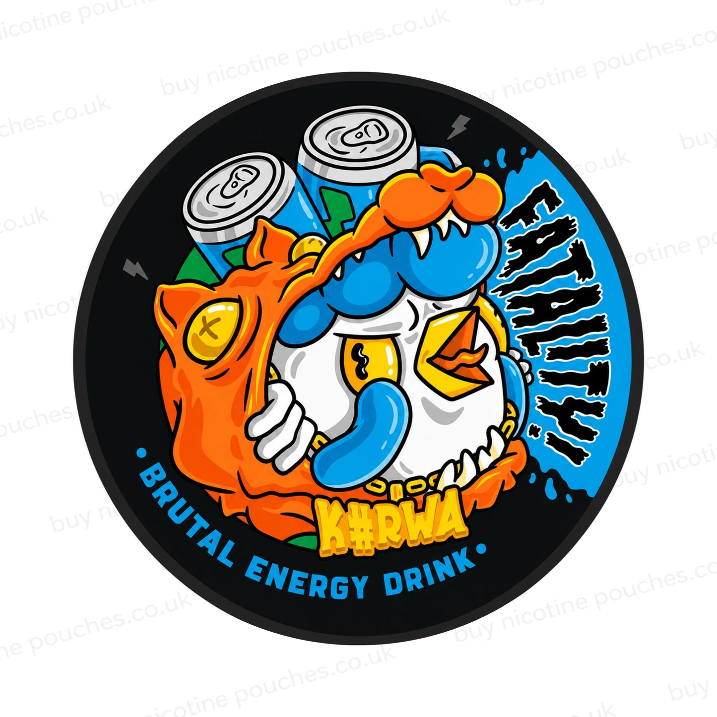Black nicotine pouch container with Kurwa Brutal Energy Drink cartoon branding on a white background.