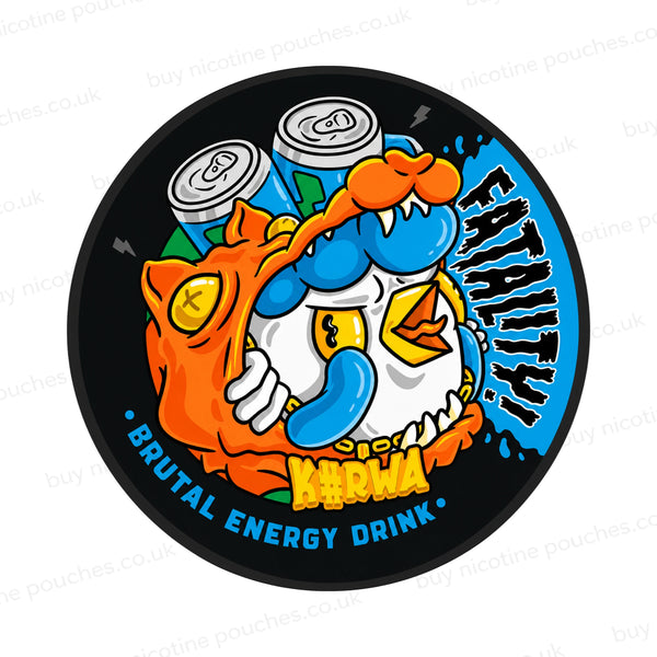 Black nicotine pouch container with Kurwa Brutal Energy Drink cartoon branding on a white background.