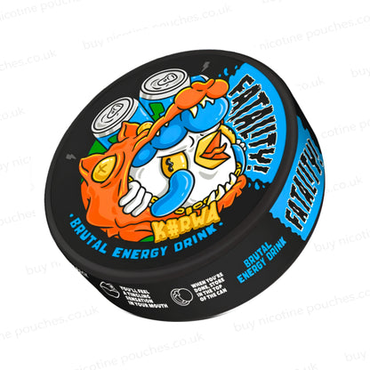 Angled shot of a black nicotine pouch container with Kurwa Brutal Energy Drink cartoon branding on a white background.