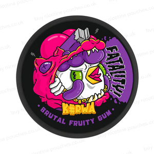Black nicotine pouch container with cartoony Kurwa Bruta Fruity Gum branding on a white background.