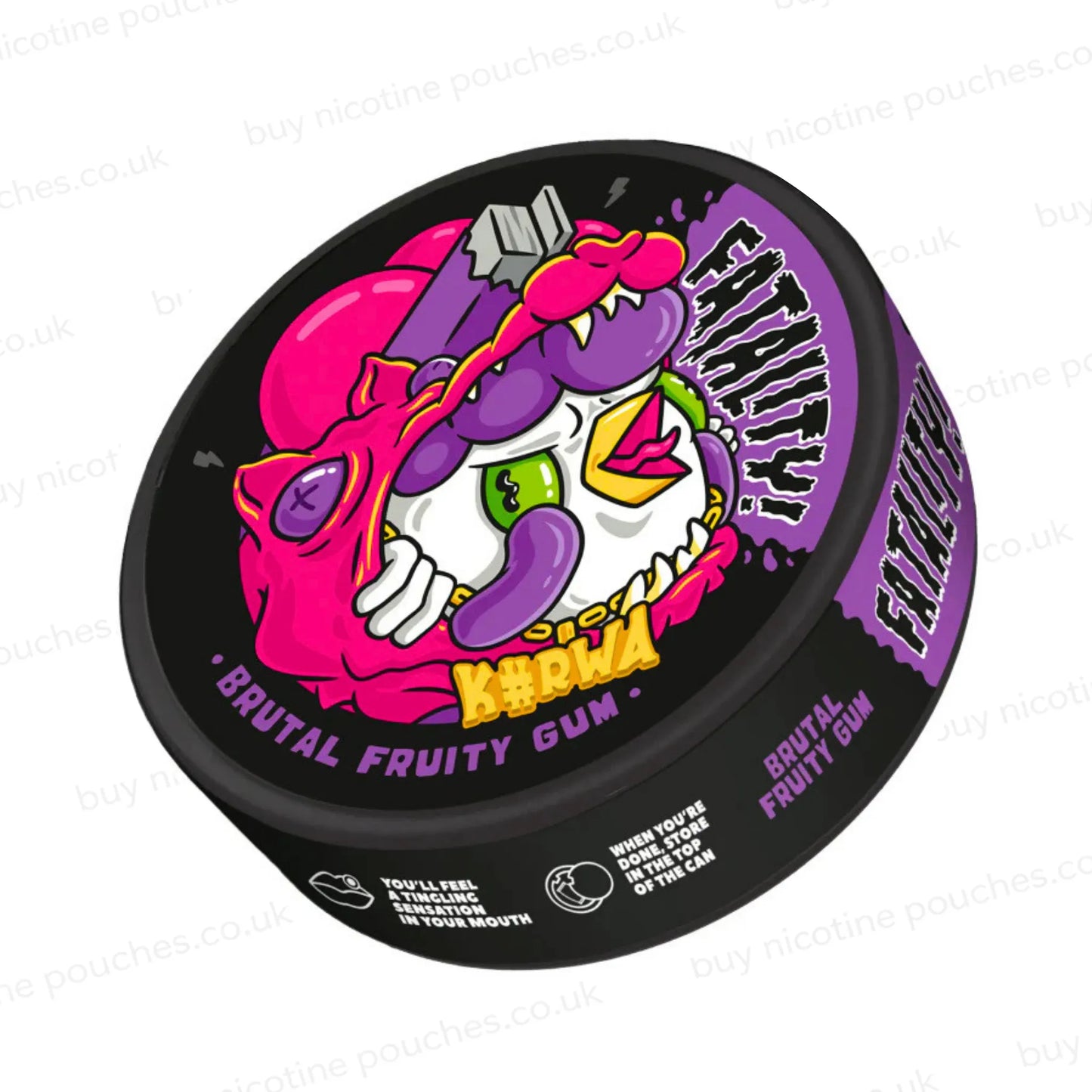 Angled shot of a black nicotine pouch container with cartoony Kurwa Bruta Fruity Gum branding on a white background.