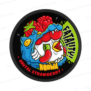 Black nicotine pouch container with cartoon Kurwa Brutal Strawberry branding on a white background.