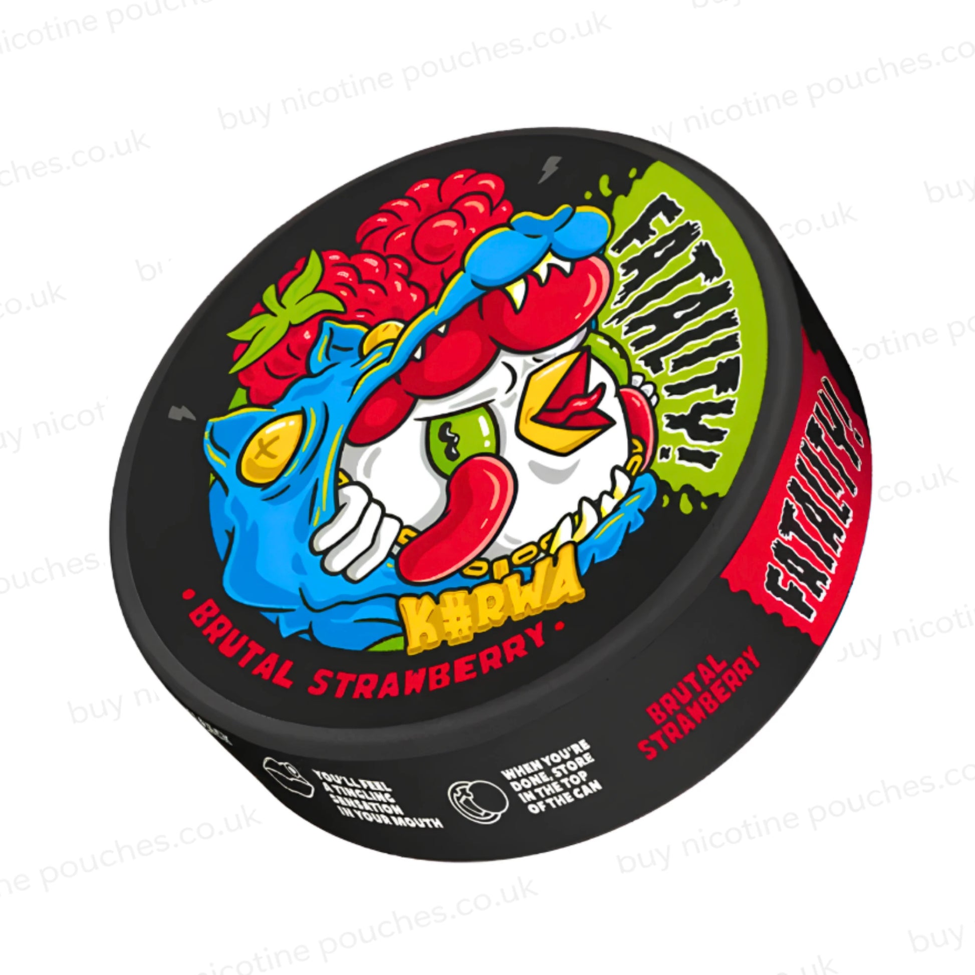 Angled shot of a black nicotine pouch container with cartoon Kurwa Brutal Strawberry branding on a white background.