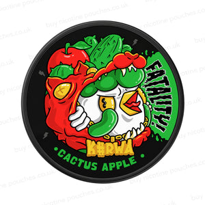 Nicotine pouch container with Kurwa Fatality Cactus Apple cartoon branding on a white background.
