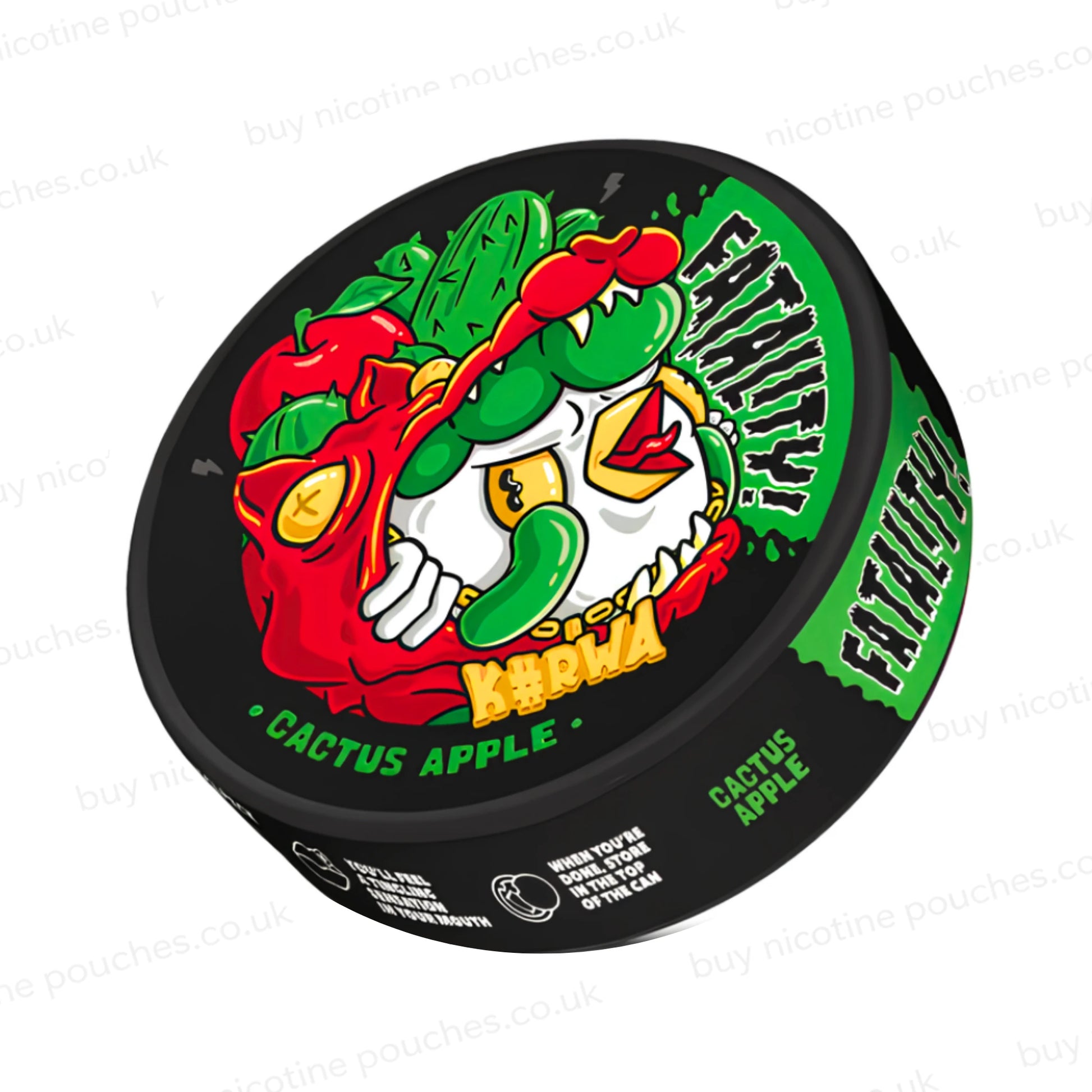 Angled shot of a nicotine pouch container with Kurwa Fatality Cactus Apple cartoon branding on a white background.