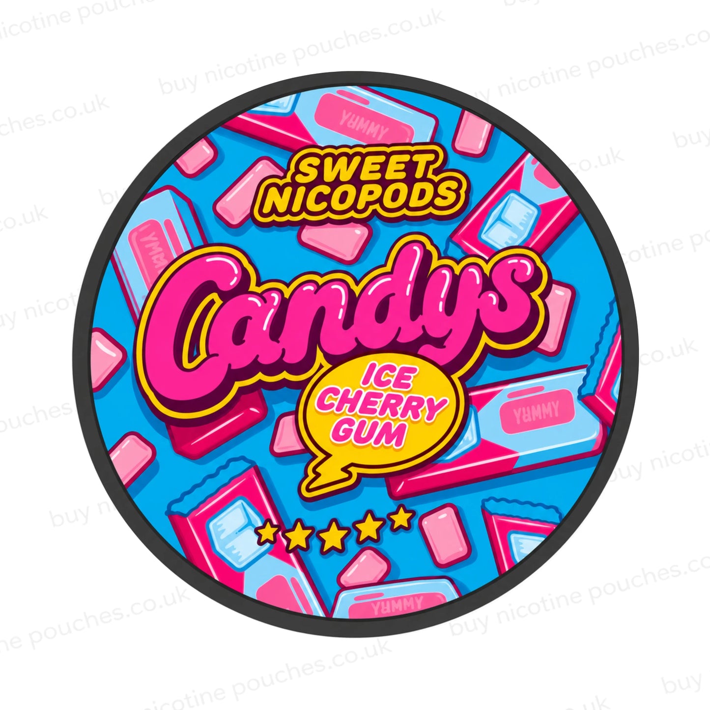 Nicotine pouch container with blue and pink Candys Ice Cherry Gum branding on a white background.