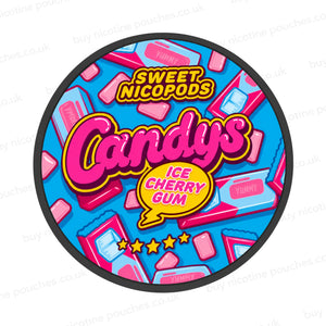 Nicotine pouch container with blue and pink Candys Ice Cherry Gum branding on a white background.