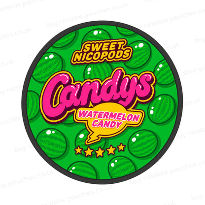 Nicotine pouch container with green and pink Candys Watermelon Candy branding on a white background.