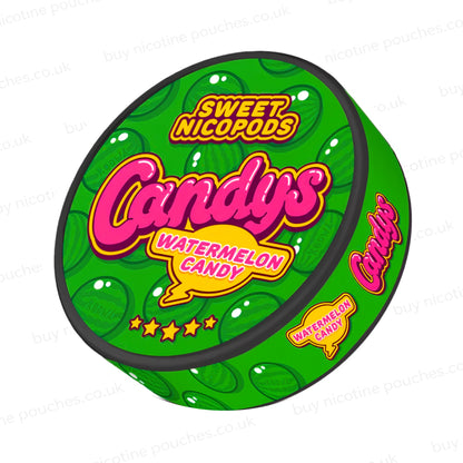 Angled shot of a nicotine pouch container with green and pink Candys Watermelon Candy branding on a white background.