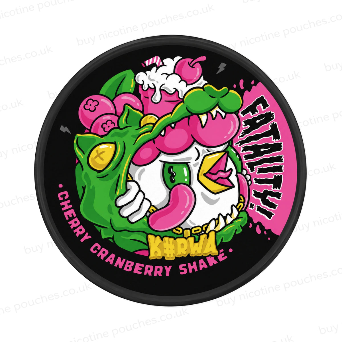 Nicotine pouch container with Kurwa Fatality Cherry Cranberry Shake cartoon branding on a white background.