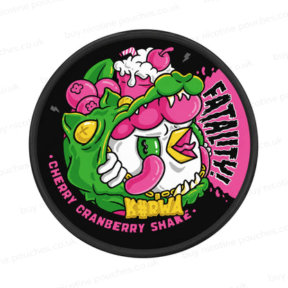 Nicotine pouch container with Kurwa Fatality Cherry Cranberry Shake cartoon branding on a white background.