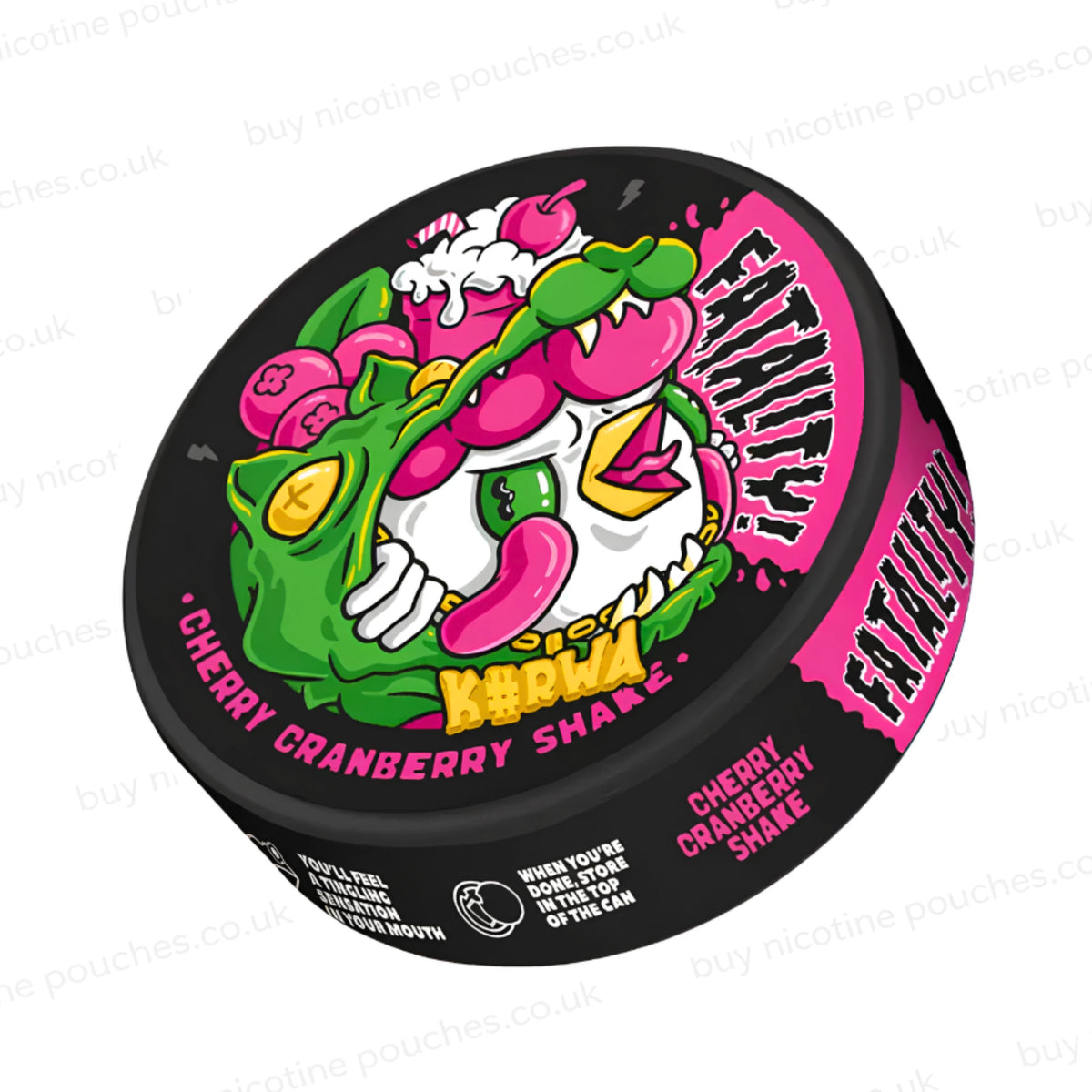 Angled shot of a nicotine pouch container with Kurwa Fatality Cherry Cranberry Shake cartoon branding on a white background.