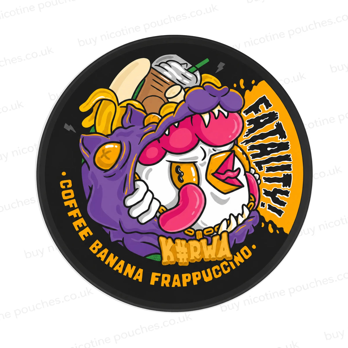 Nicotine pouch container with purple and orange K#rwa Coffee Banana Frappuccino cartoon chicken branding on a white background.