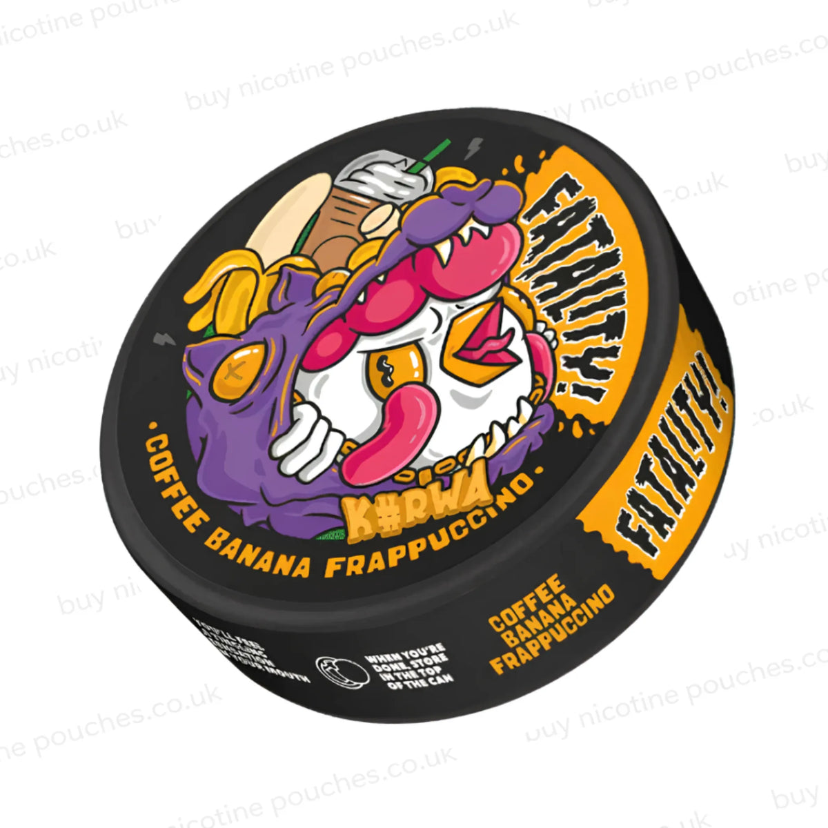 Angled shot of a nicotine pouch container with purple and orange K#rwa Coffee Banana Frappuccino cartoon chicken branding on a white background.