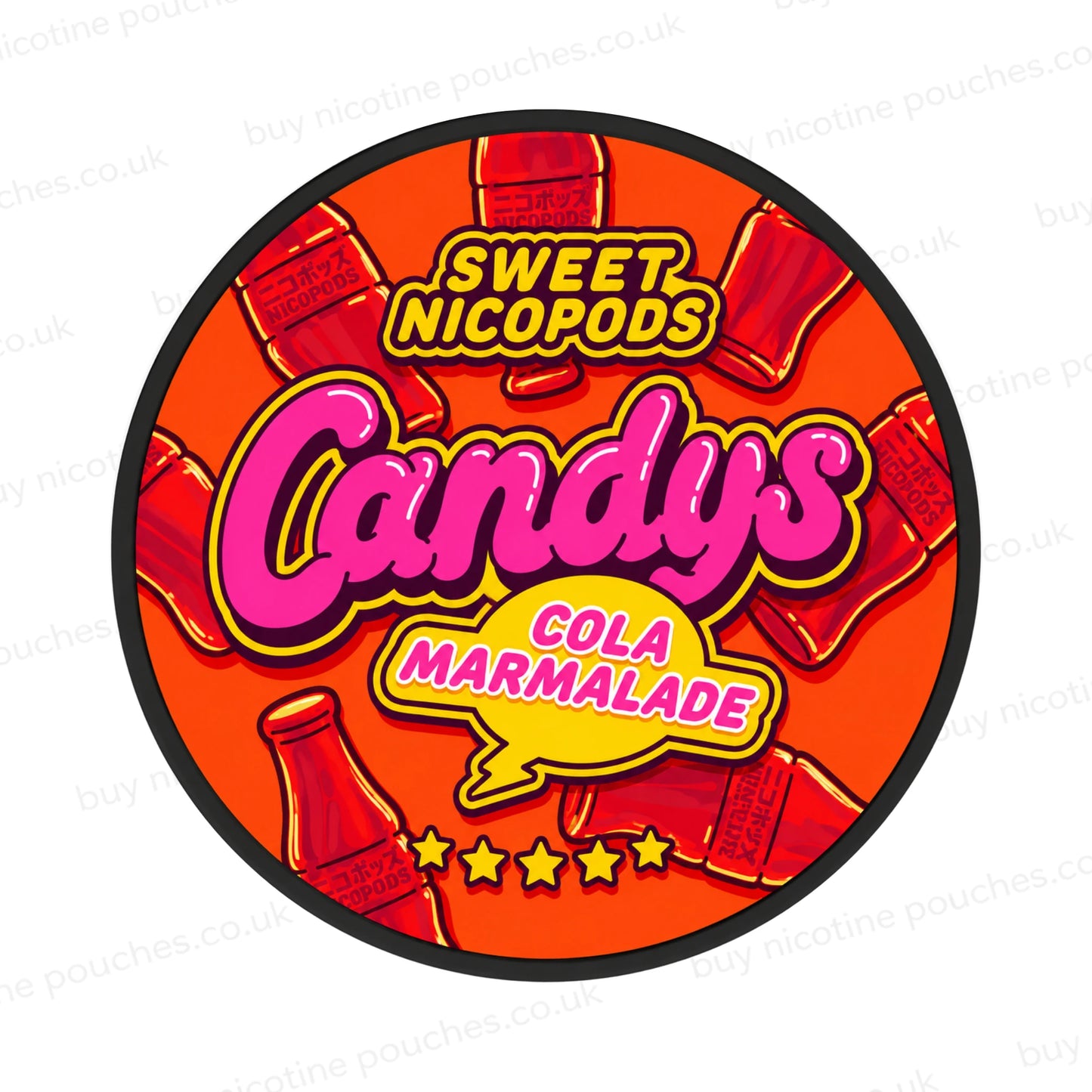 Red and pink nicotine pouch container with Candys Cola Marmalade branding on a white background.