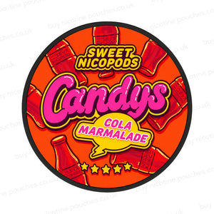 Red and pink nicotine pouch container with Candys Cola Marmalade branding on a white background.