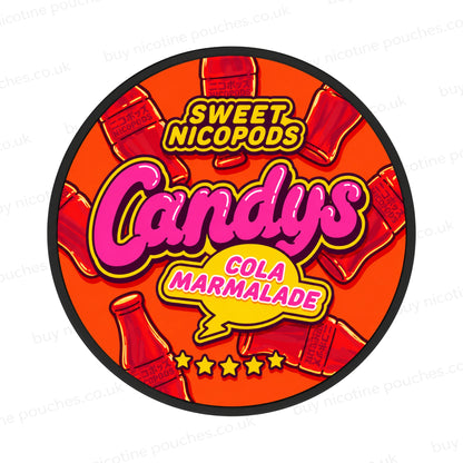 Red and pink nicotine pouch container with Candys Cola Marmalade branding on a white background.