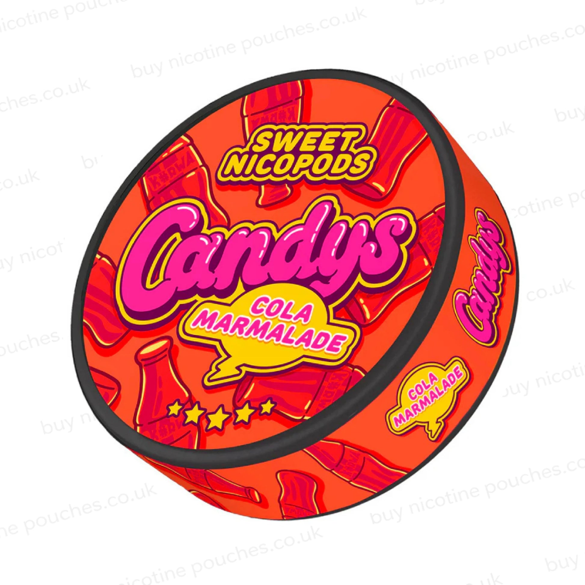 Angled shot of a red and pink nicotine pouch container with Candys Cola Marmalade branding on a white background.