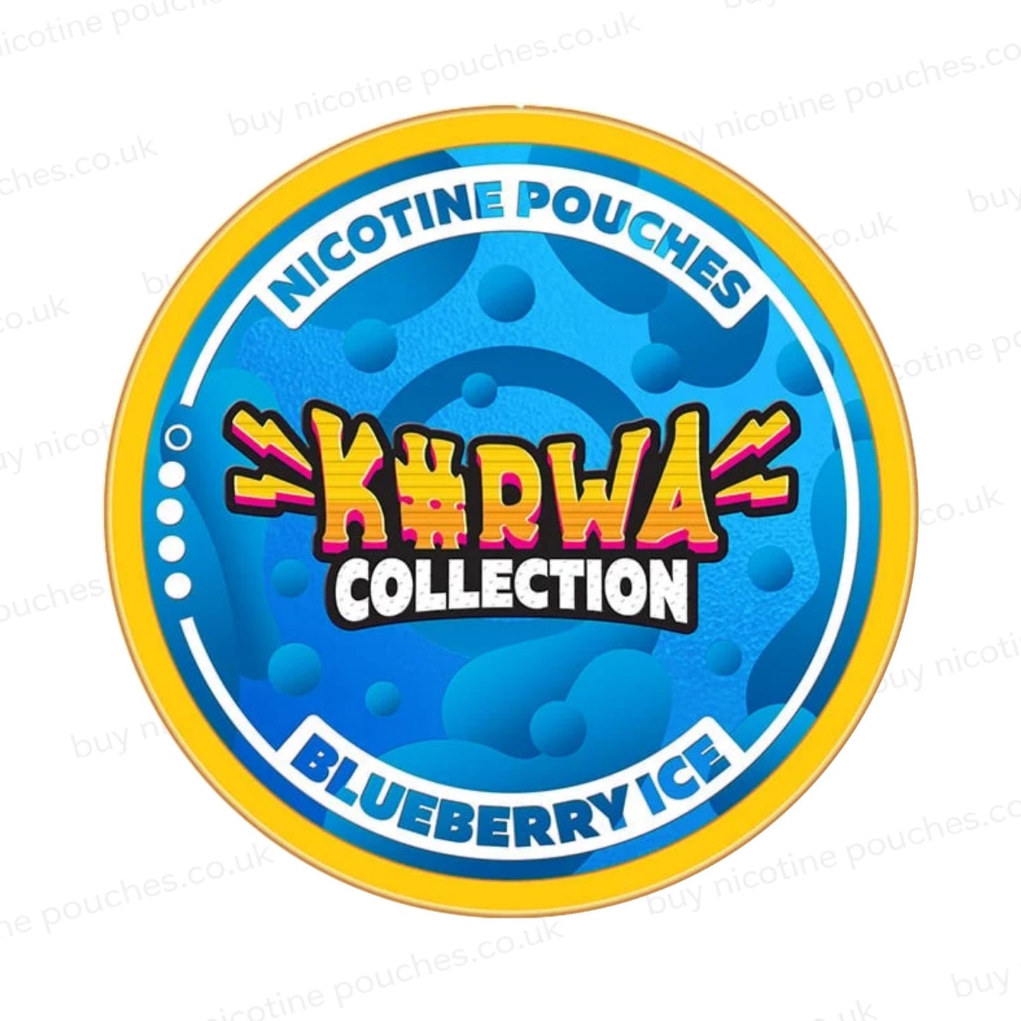 Nicotine pouch container with blue Kurwa Collection Blueberry Ice branding on a white background.