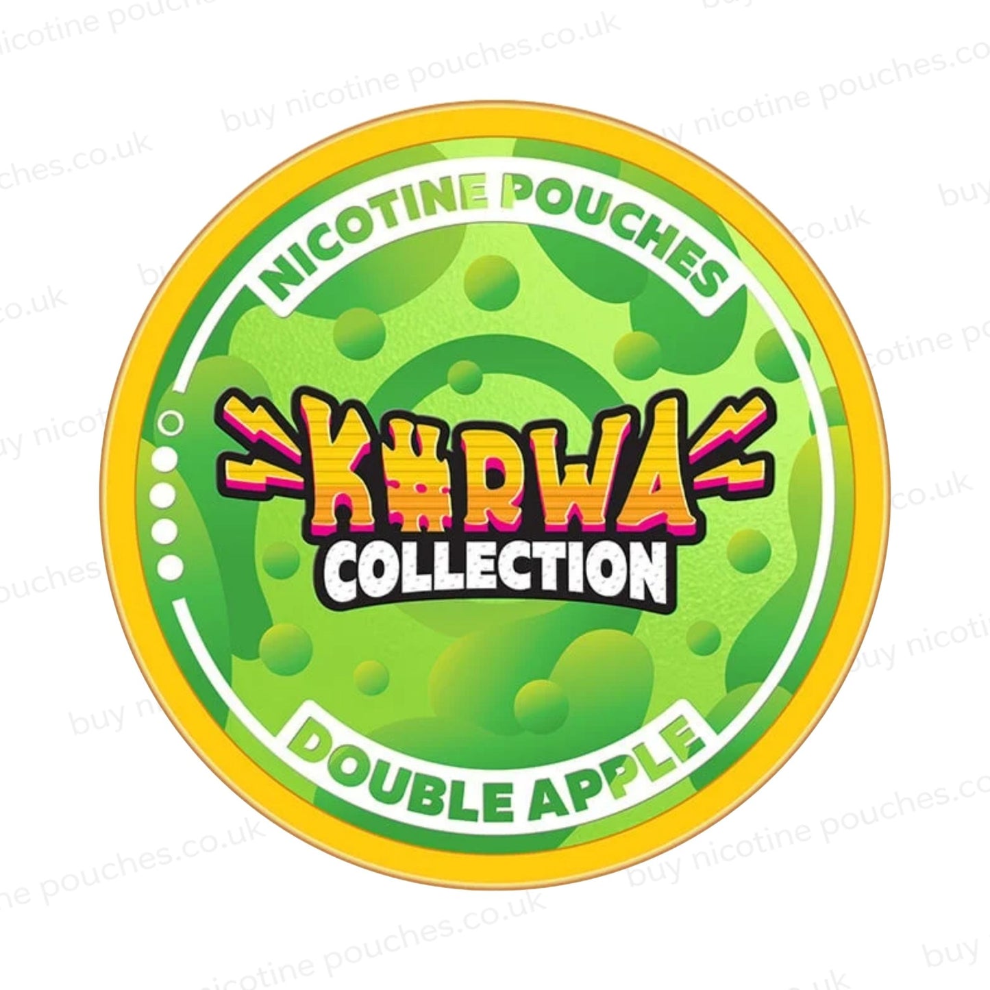 Nicotine pouch container with green Kurwa Collection Double Apple branding on a white background.