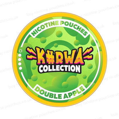 Nicotine pouch container with green Kurwa Collection Double Apple branding on a white background.