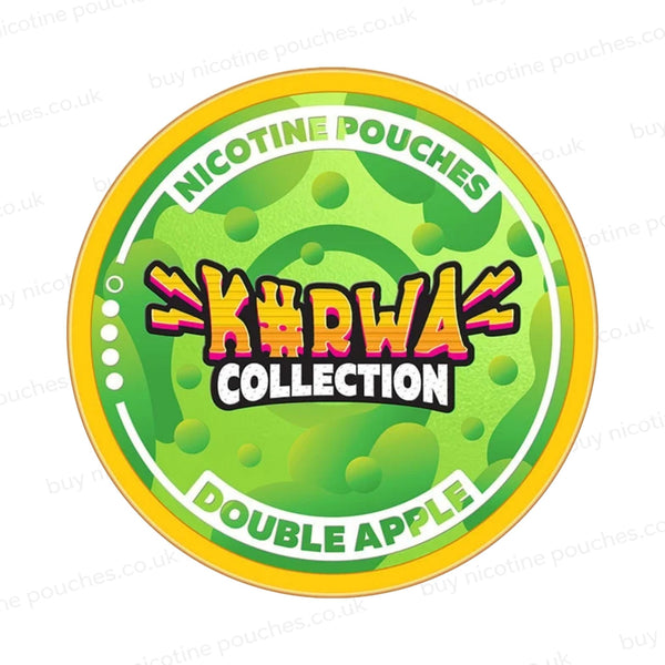 Nicotine pouch container with green Kurwa Collection Double Apple branding on a white background.