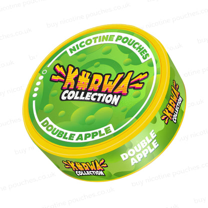 Angled shot of a nicotine pouch container with green Kurwa Collection Double Apple branding on a white background