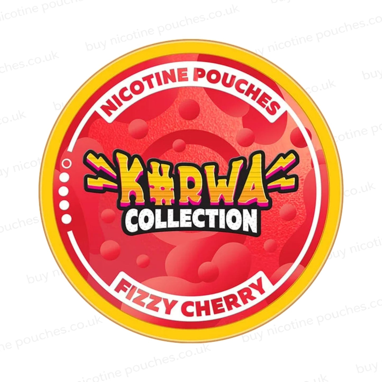 Nicotine pouch container with red Kurwa Collection Fizzy Cherry branding on a white background.