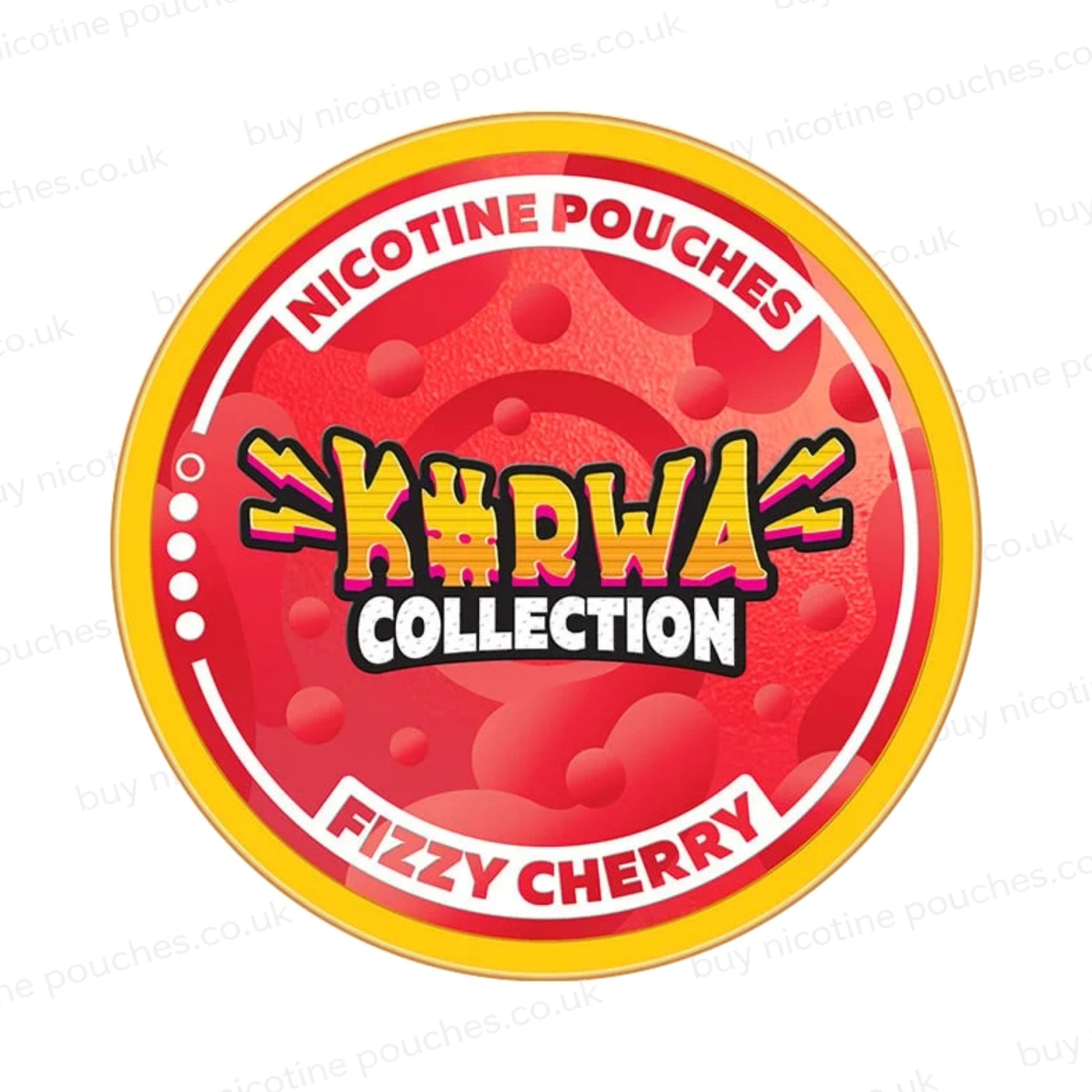 Nicotine pouch container with red Kurwa Collection Fizzy Cherry branding on a white background.