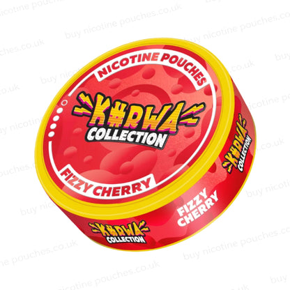 Angled shot of a nicotine pouch container with red Kurwa Collection Fizzy Cherry branding on a white background.