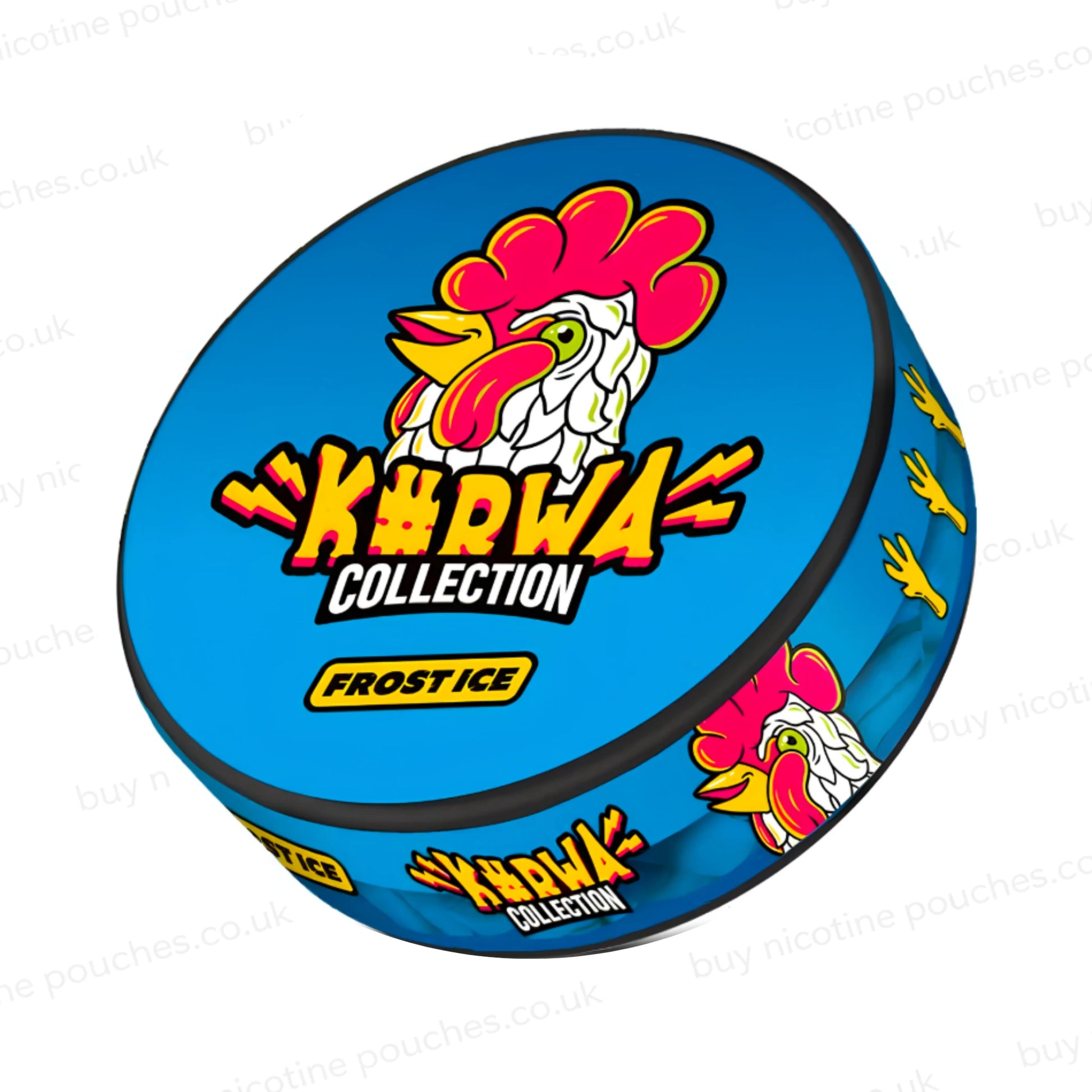 Angled shot of a nicotine pouch container with blue K#rwa Collection Frost Ice cartoon rooster branding on a white background.