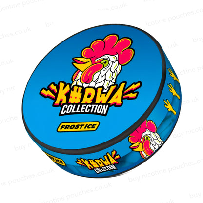 Angled shot of a nicotine pouch container with blue K#rwa Collection Frost Ice cartoon rooster branding on a white background.