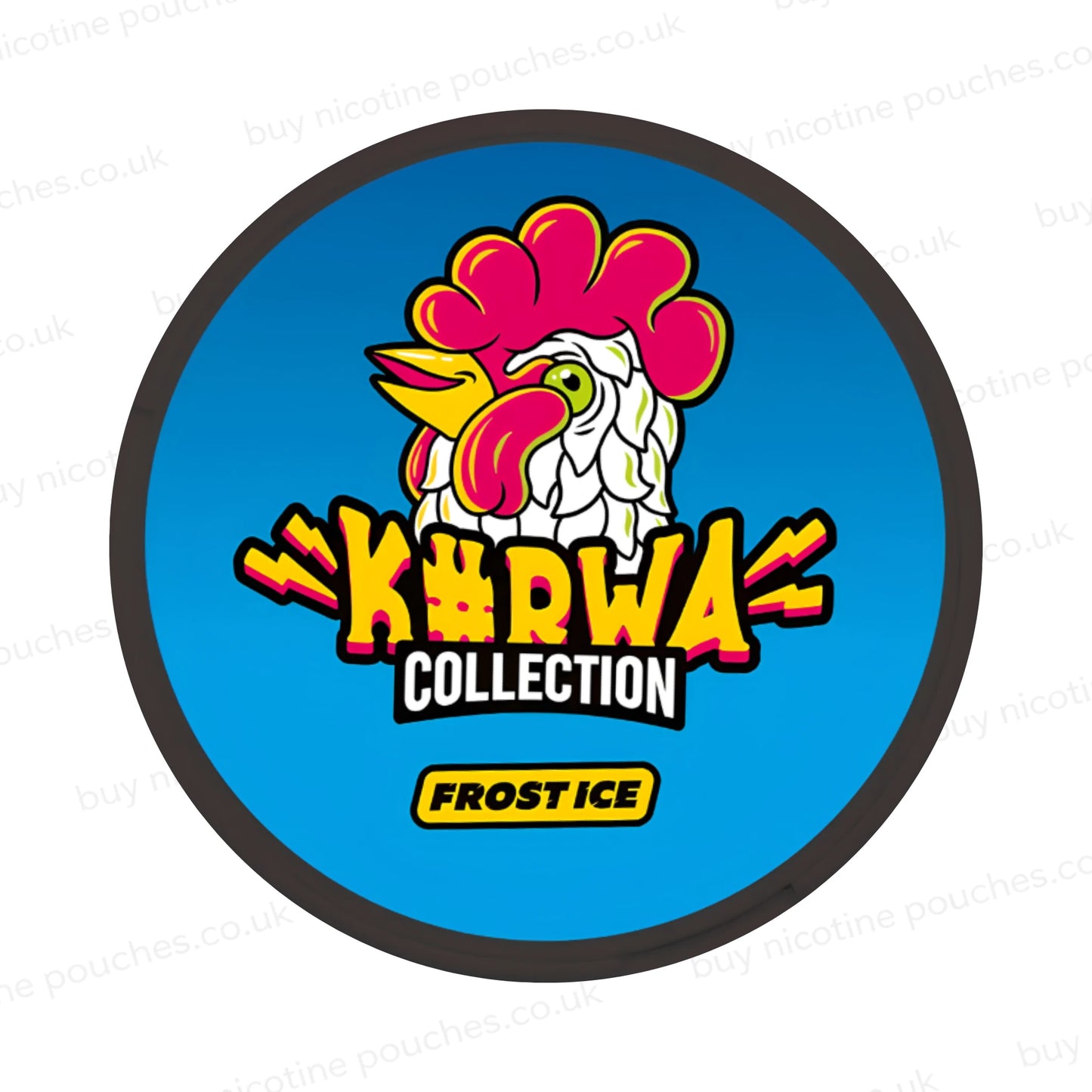 Nicotine pouch container with blue K#rwa Collection Frost Ice cartoon rooster branding on a white background.