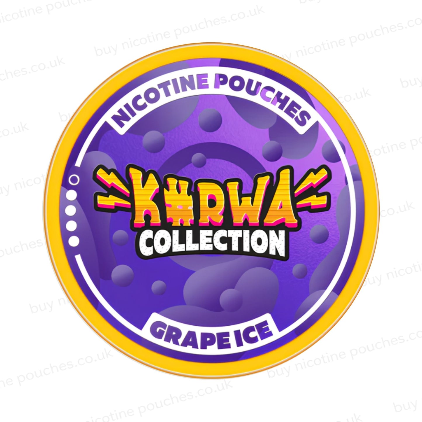 Nicotine pouch container with purple Kurwa Collection Grape Ice branding on a white background.