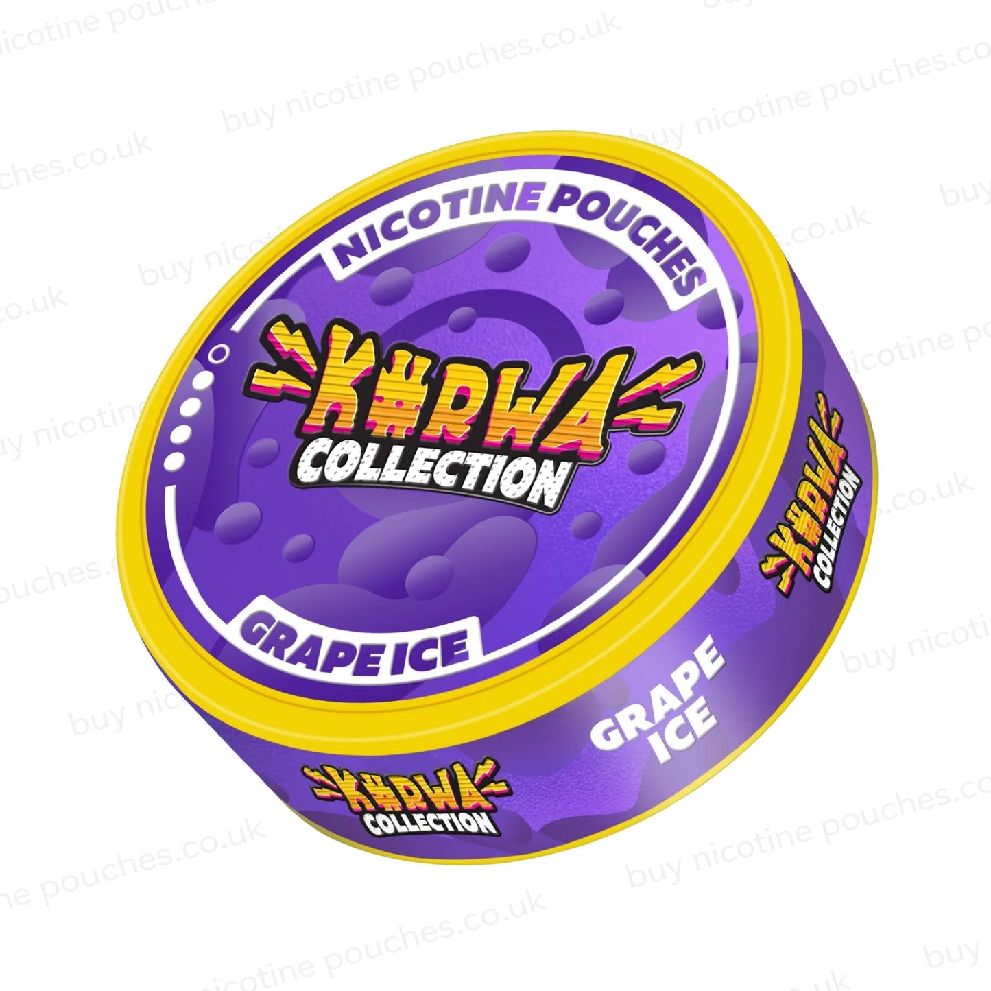 Angled shot of a nicotine pouch container with purple Kurwa Collection Grape Ice branding on a white background.
