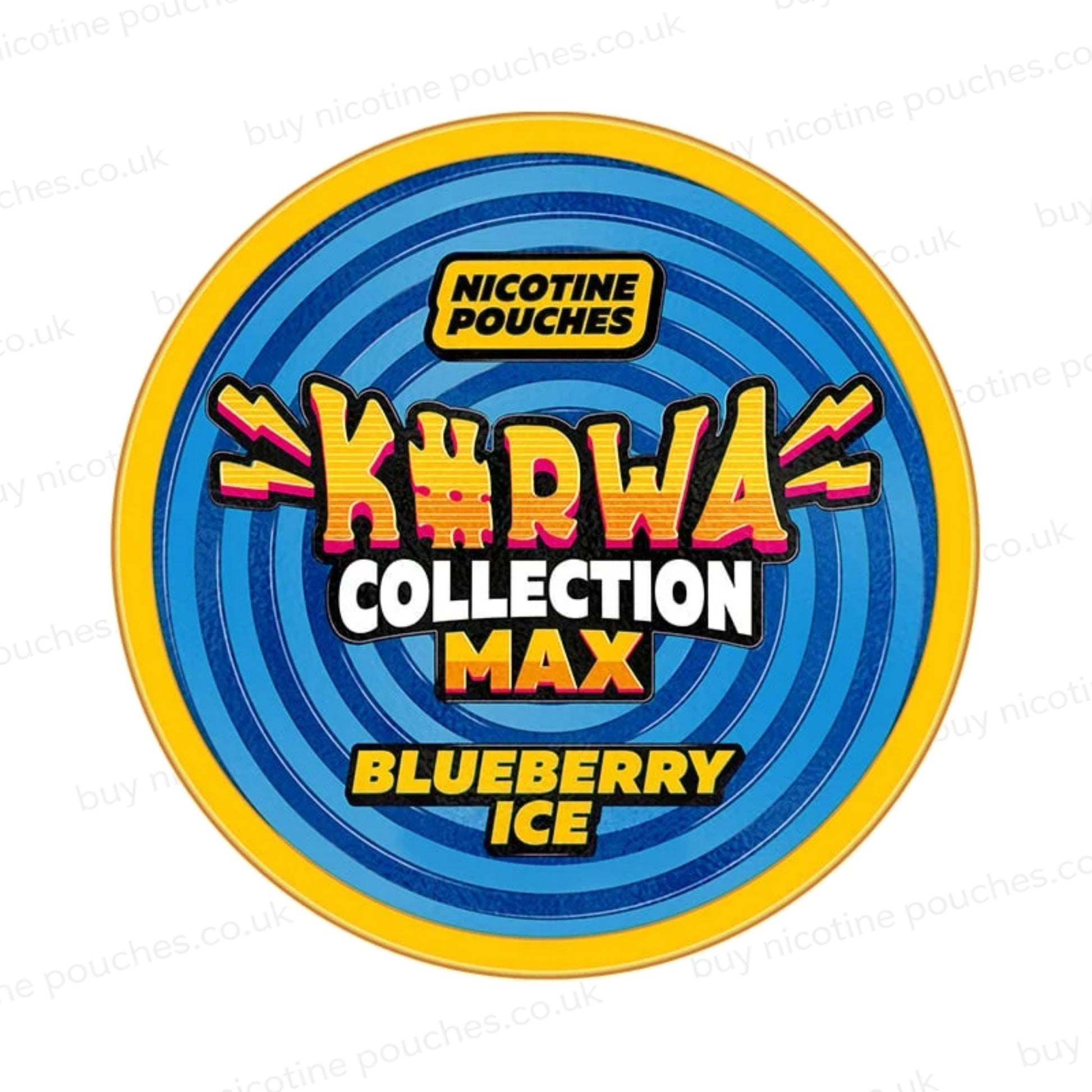 Nicotine pouch container with blue Kurwa Collection Max Blueberry Ice branding on a white background.