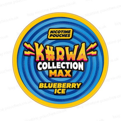 Nicotine pouch container with blue Kurwa Collection Max Blueberry Ice branding on a white background.