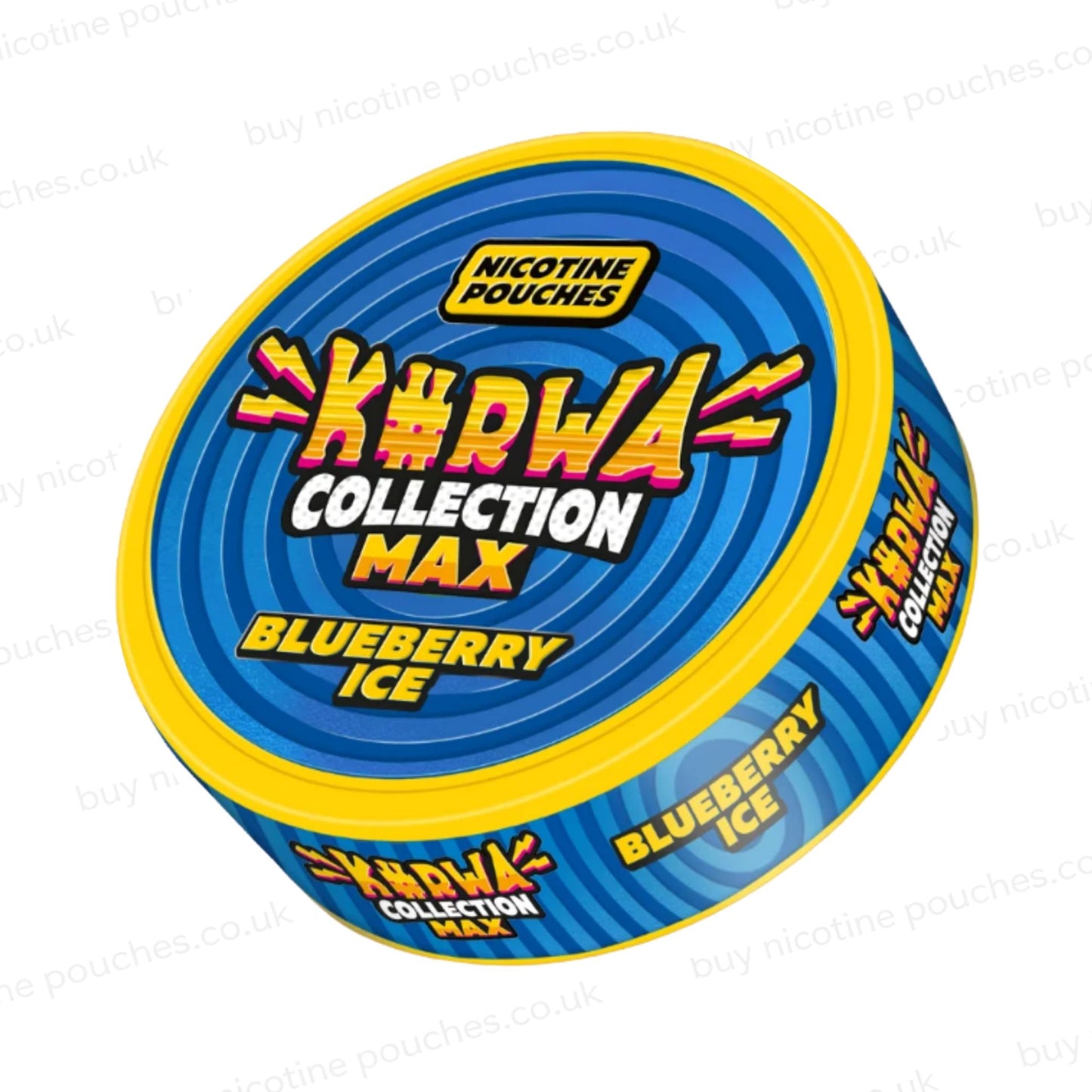Angled shot of a nicotine pouch container with blue Kurwa Collection Max Blueberry Ice branding on a white background.