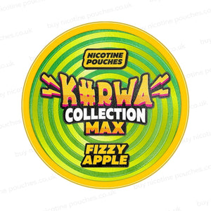 Nicotine pouch container with green Kurwa Collection Max Fizzy Apple branding on a white background.