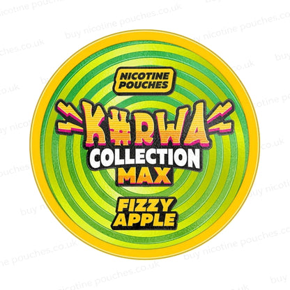 Nicotine pouch container with green Kurwa Collection Max Fizzy Apple branding on a white background.